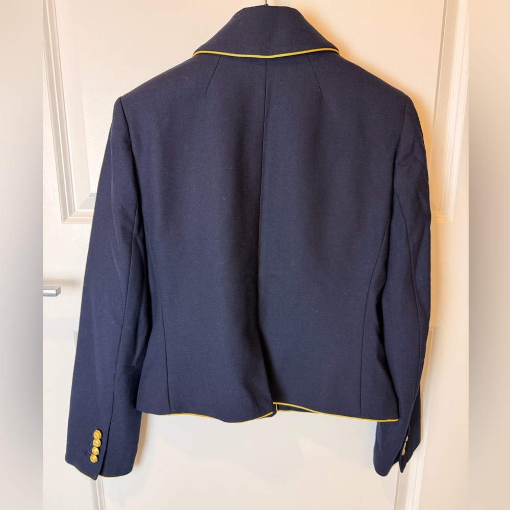 $198 J.Crew Navy Blazer Jacket Gold Crest Buttons Ruffle Front Wool Blend Size 6 - Picture 14 of 16